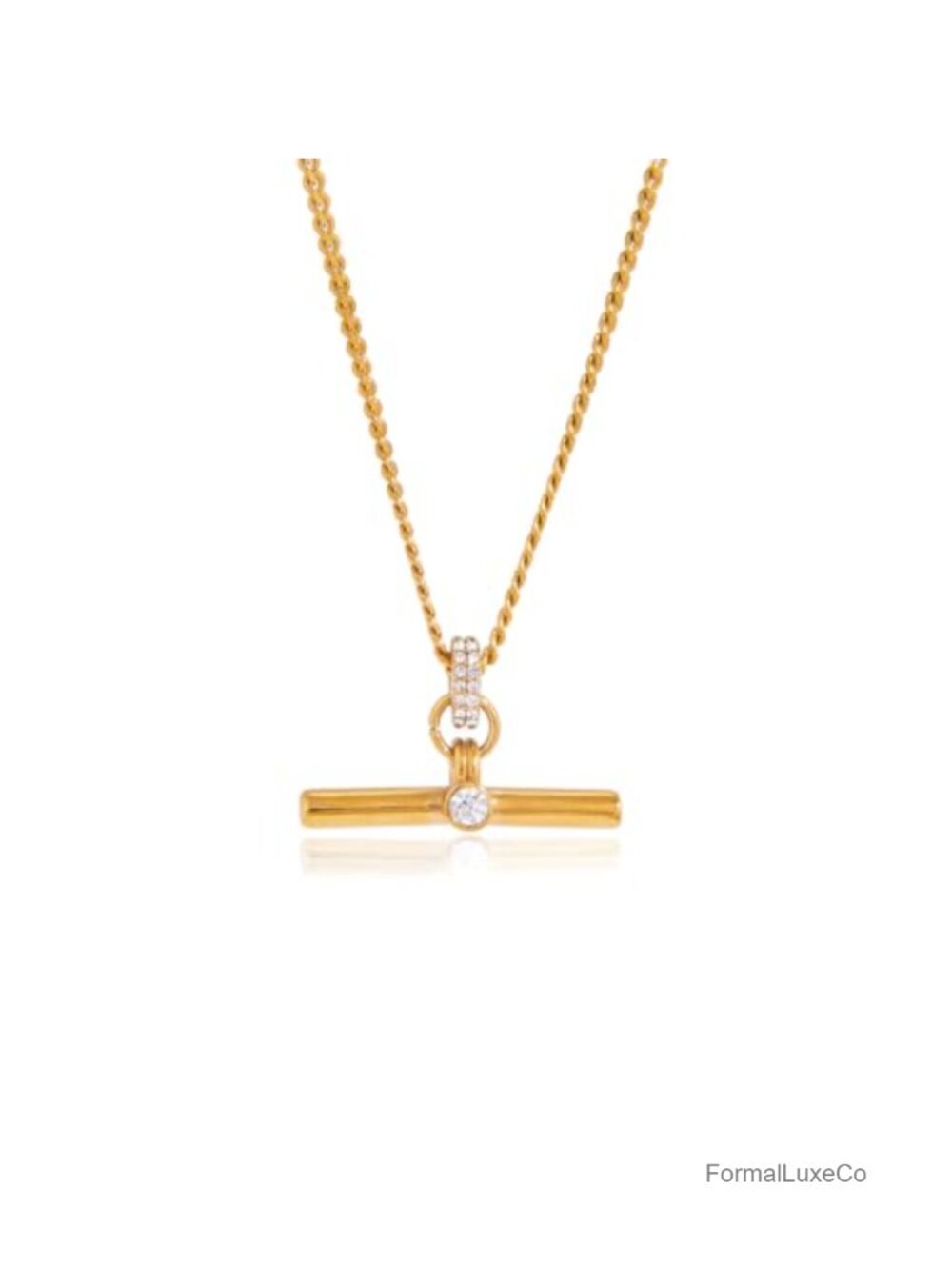 18K Gold Plated T-Bar Necklace with Rhinestones, 316L Stainless Steel,